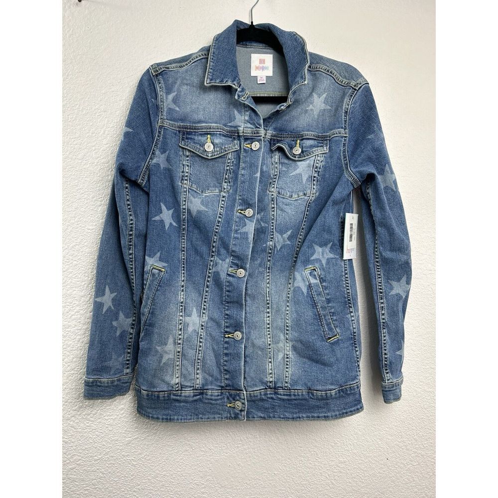 Lularoe Jaxon Denim Blue Jean Jacket Stars Stretch‎ Long Sleeve Size M America